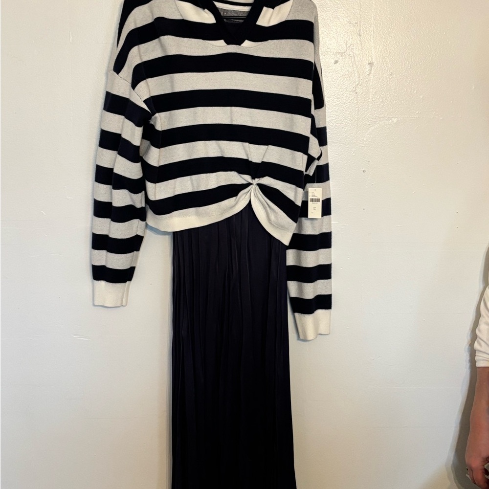 Navy and white  Striped Knit Sweater twofer dress and sweater